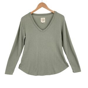 Chaser Knit Top Womens Small Green Waffle Thermal Long Sleeve V Neck Pullover